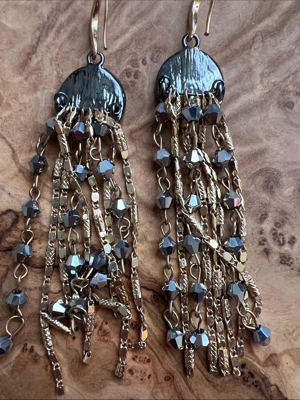 Black Crystal Round Top Gold-Tone Tassel Drop Earrings - Picture 6 of 6
